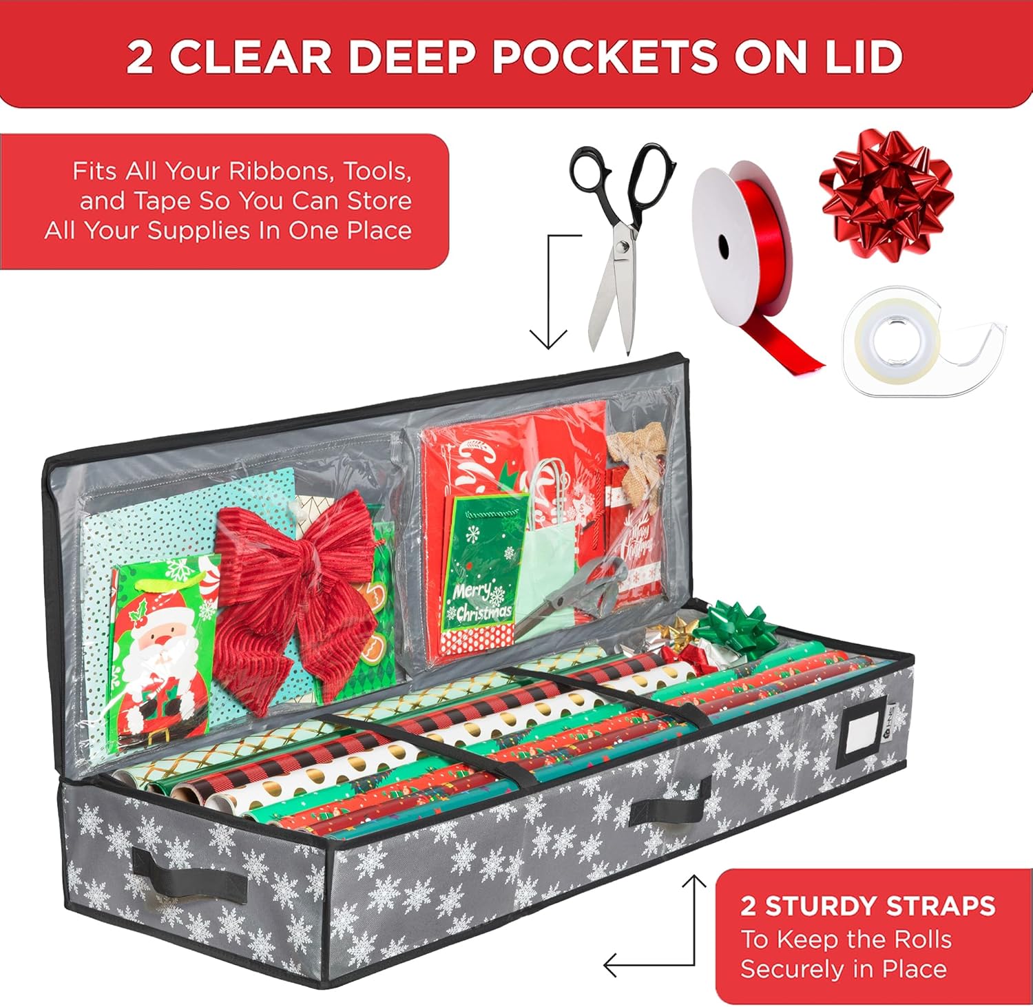 HOLDN’ STORAGE Premium Wrapping Paper Storage Container - Durable 600D Tear-Proof, Fits 27 Rolls Gift Wrap, Extra Pockets for Ribbons & Bows, Underbed Storage - Ideal for Holiday Christmas, Grey/White Snowflakes